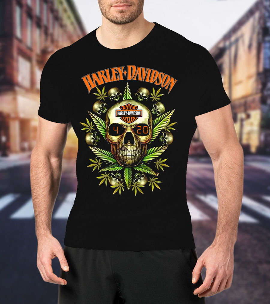 Harley Davidson Skull 420 Motor Cycles Leaf Skulls T-Shirt