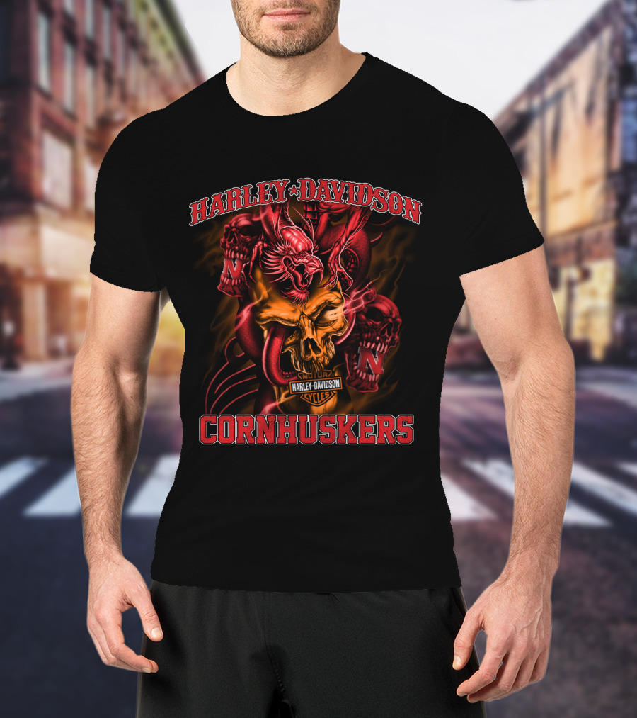 Harley Davidson Cornhuskers Nebraska N Cyclones Fire Skull T-Shirt