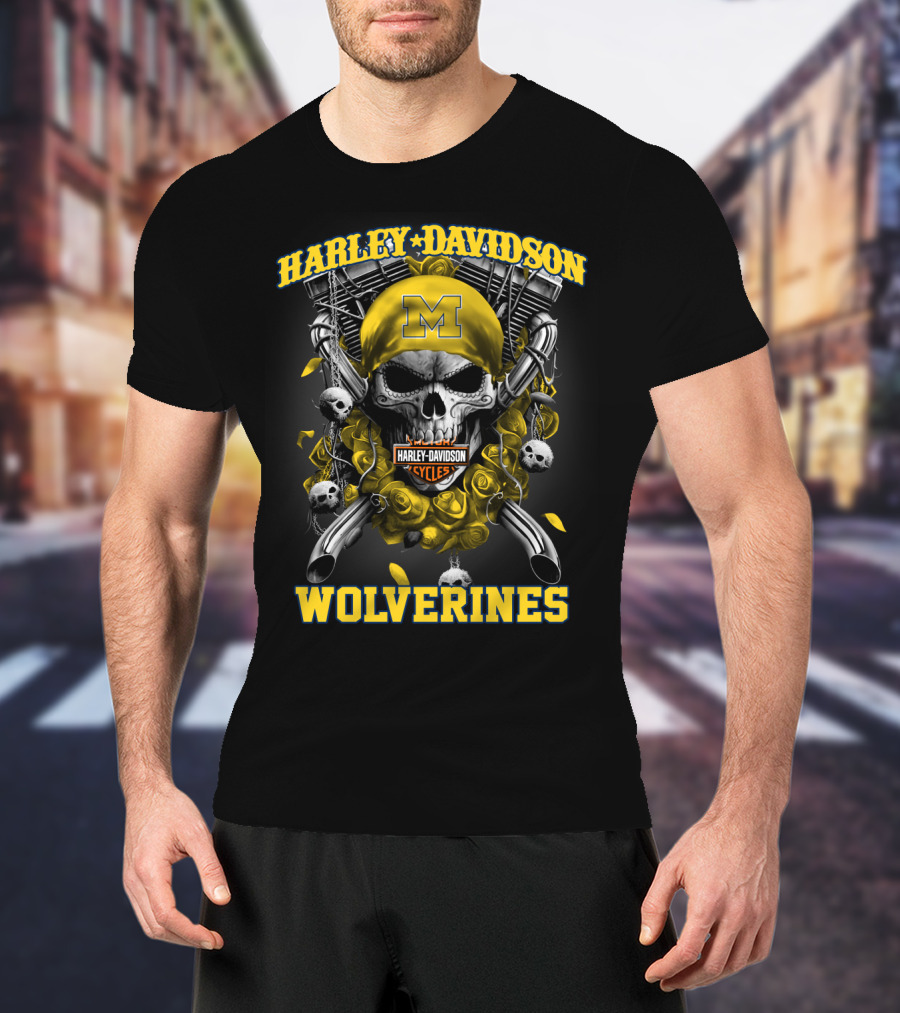 Harley Davidson Michigan Wolverines Skull Rose M Cycles T-Shirt