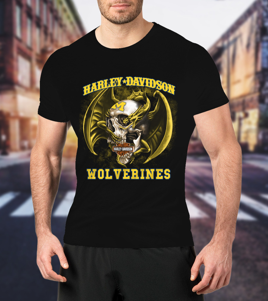 Harley Davidson Michigan Wolverines Skull With Dragon And Motor Cycles T-Shirt