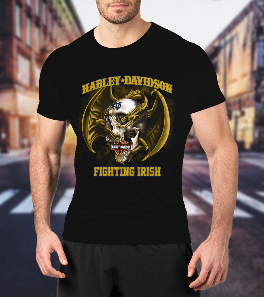 Harley Davidson Notre Dame Fighting Irish Skull And Wings T-Shirt