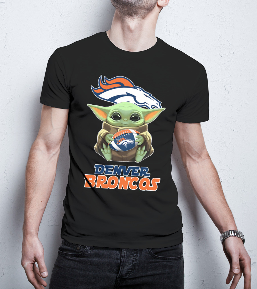 Denver Broncos Grogu Holding Football T-Shirt