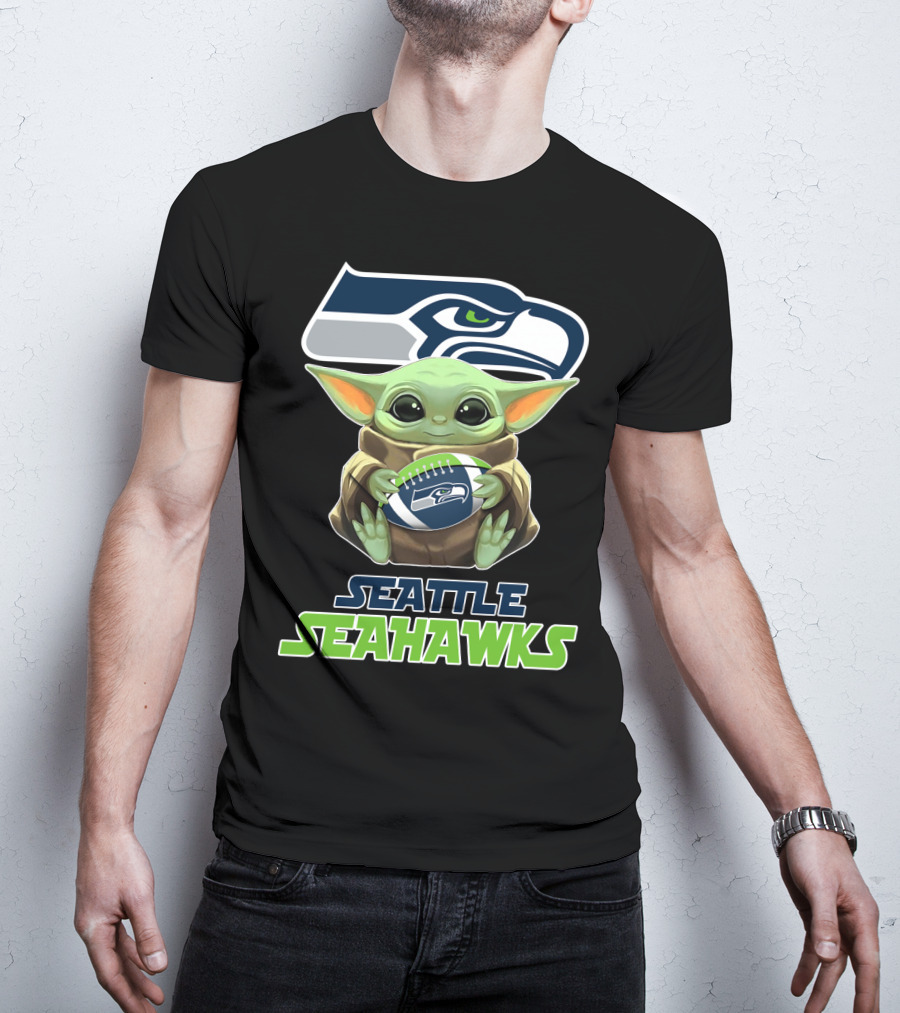 Seattle Seahawks Baby Yoda Holding Football Fan T-Shirt