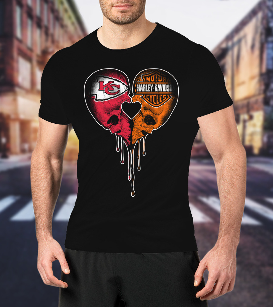 Kansas City Chiefs Harley Davidson Heart Skulls Fan T-Shirt