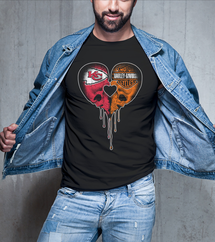 Kansas City Chiefs Harley Davidson Heart Skulls Fan T-Shirt