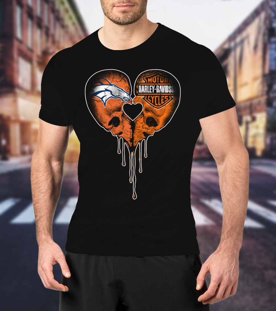 Denver Broncos Harley Davidson Dripping Skull Heart T-Shirt
