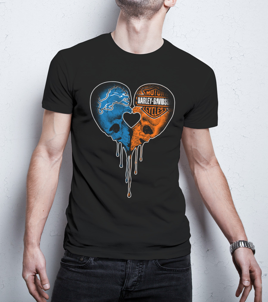 Detroit Lions And Harley Davidson Skulls Heart Fusion T-Shirt