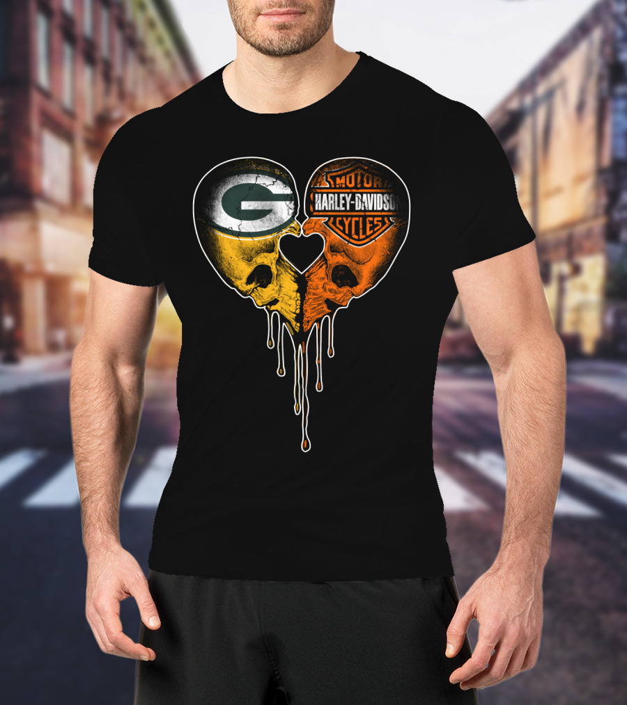 Green Bay Packers Harley Davidson Heart Skulls T-Shirt
