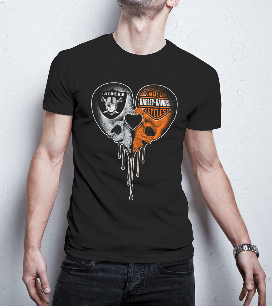 Raiders Harley Davidson Heart Skulls T-Shirt