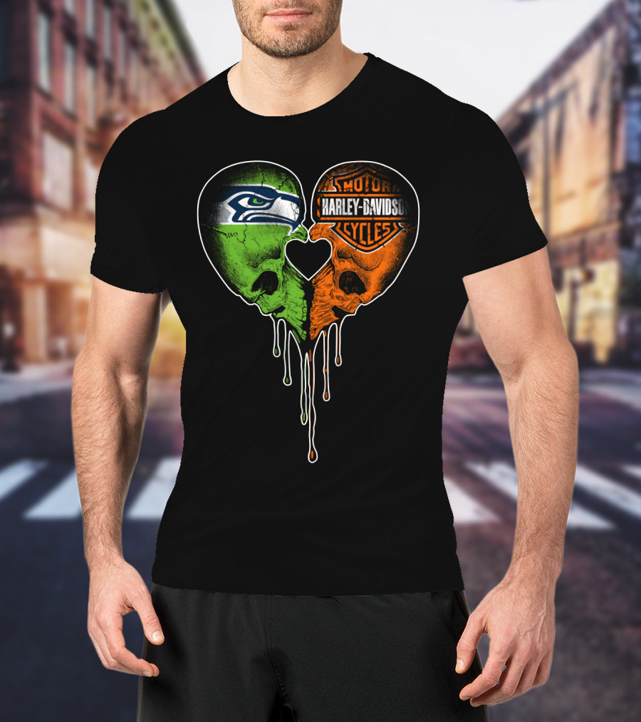 Seattle Seahawks Harley Davidson Heart Skull Drip T-Shirt