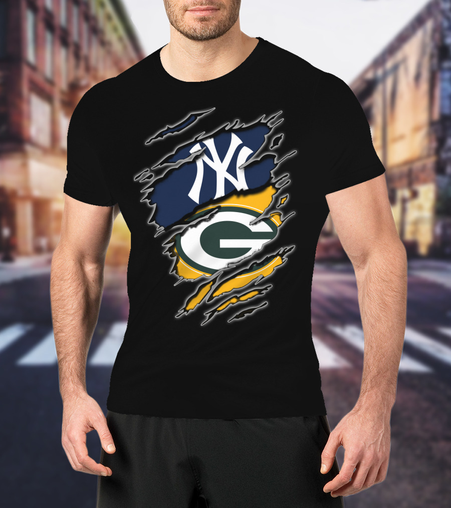 New York Yankees Green Bay Packers Fan Cross-Logo T-Shirt