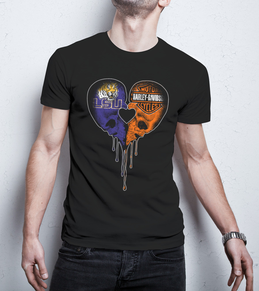 Lsu Tigers And Harley Davidson Heart Skull Fusion T-Shirt