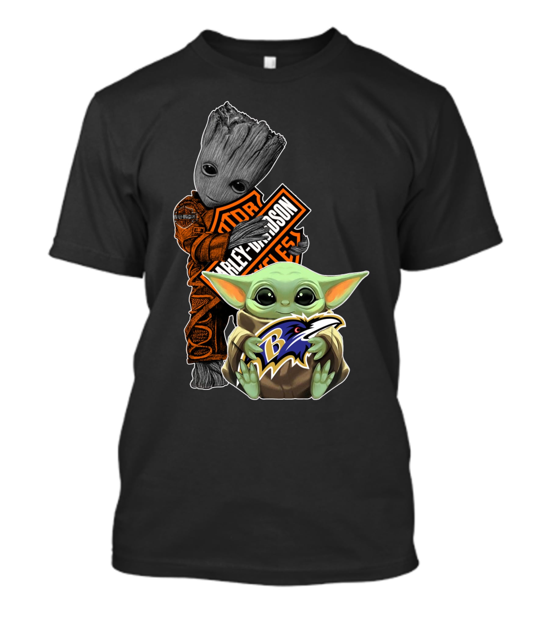 Harley Davidson Groot And Baltimore Ravens Baby Yoda T-Shirt