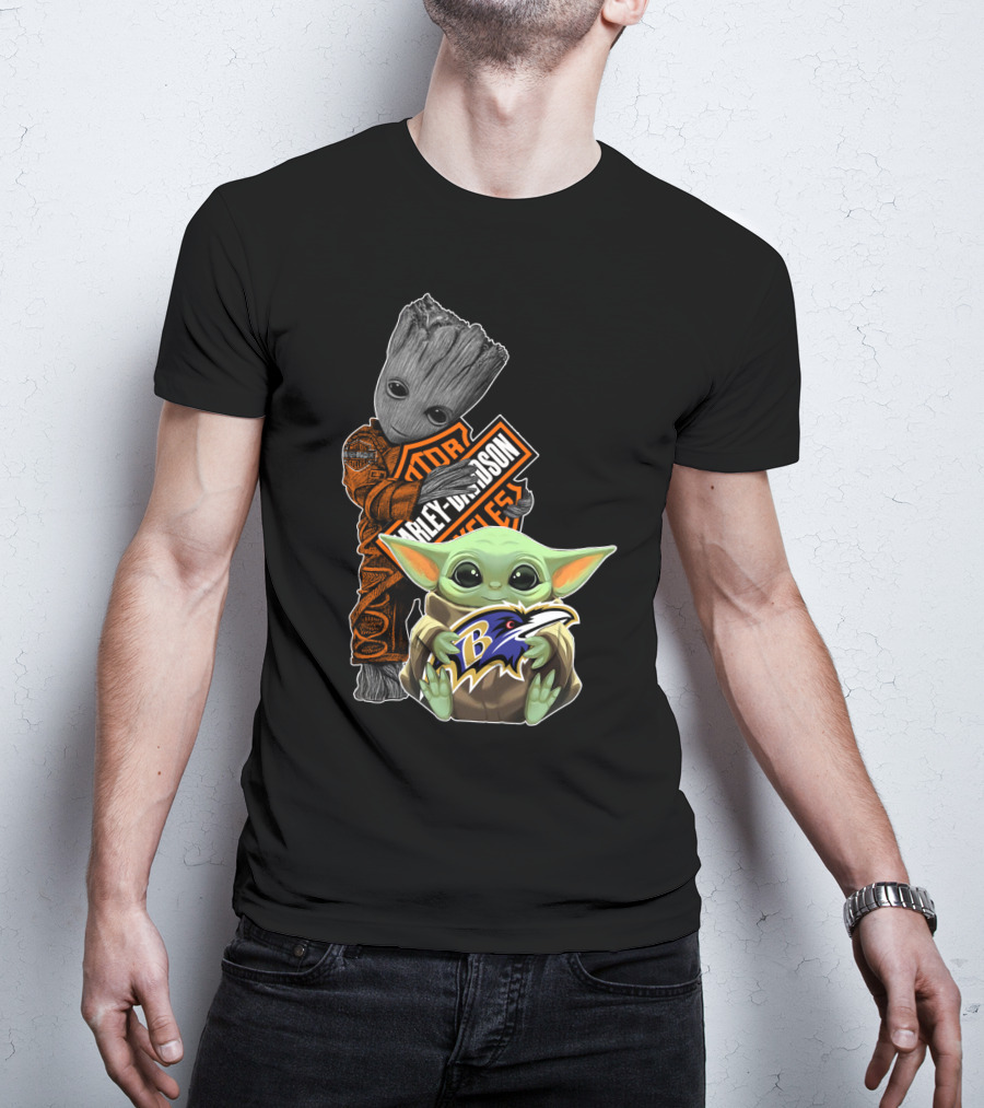 Harley Davidson Groot And Baltimore Ravens Baby Yoda T-Shirt