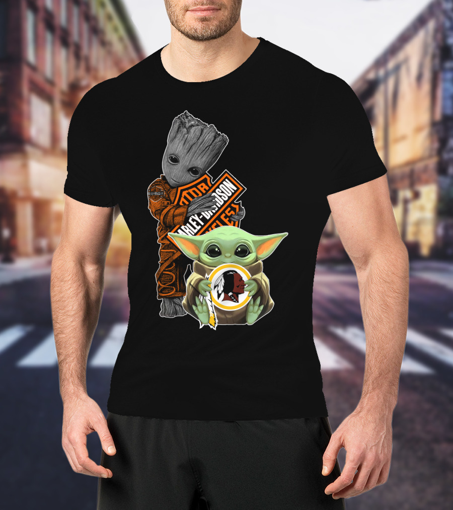Groot Holding Harley Davidson Logo With Baby Yoda And Washington Redskins Symbol T-Shirt