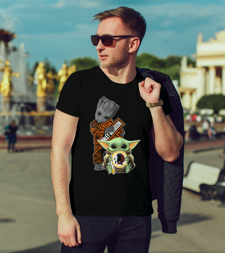 Groot Holding Harley Davidson Logo With Baby Yoda And Washington Redskins Symbol T-Shirt