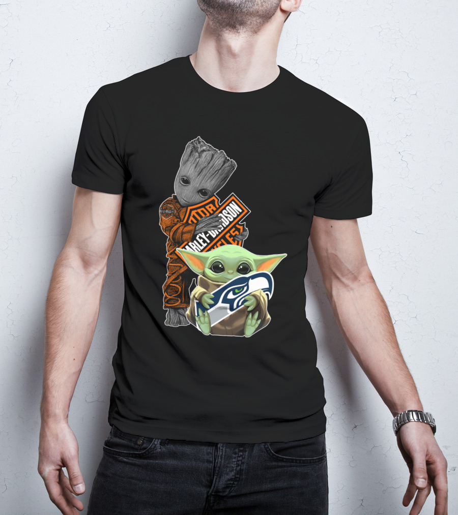 Groot Harley Davidson Seattle Seahawks Baby Yoda T-Shirt