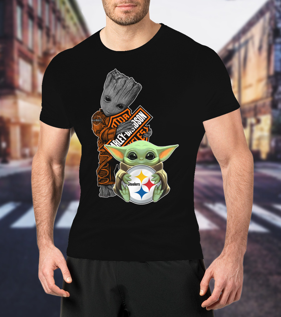 Baby Yoda And Groot Harley Davidson Steelers Crossover T-Shirt