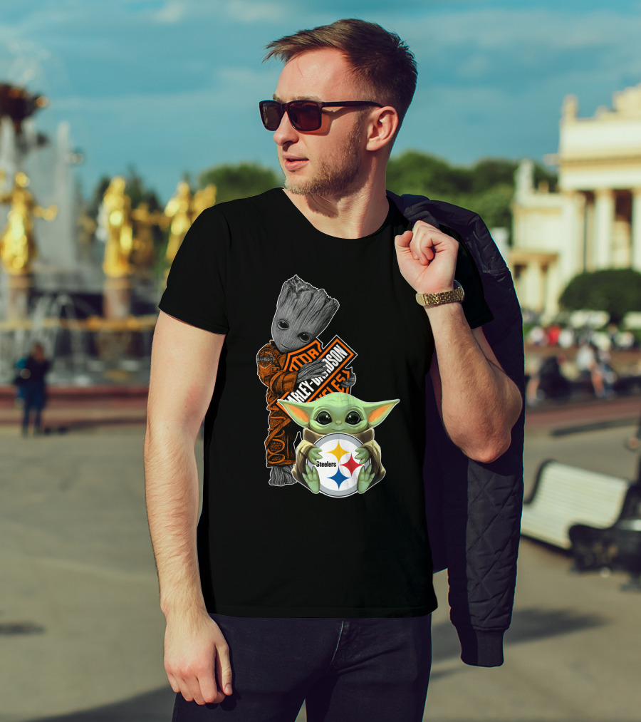 Baby Yoda And Groot Harley Davidson Steelers Crossover T-Shirt