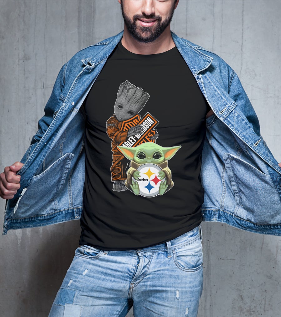 Baby Yoda And Groot Harley Davidson Steelers Crossover T-Shirt