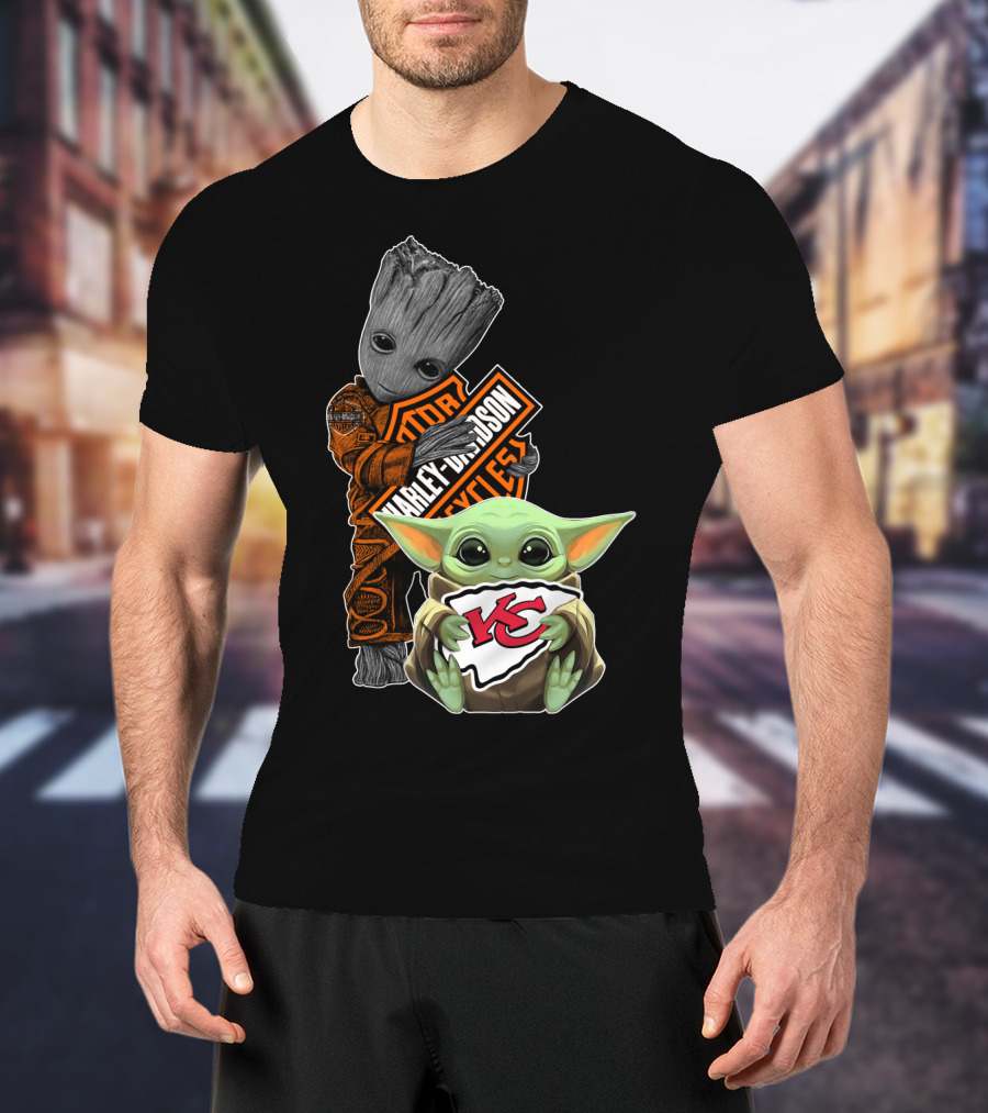 Harley Davidson Groot With Kansas City Chiefs Baby Yoda T-Shirt