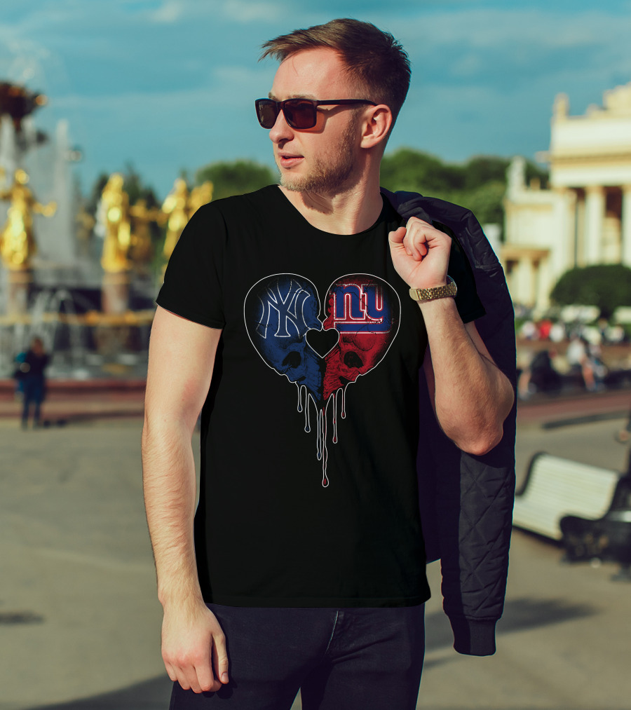 Yankees Giants Heart Skull Dripping Logos Blue Red Black T-Shirt