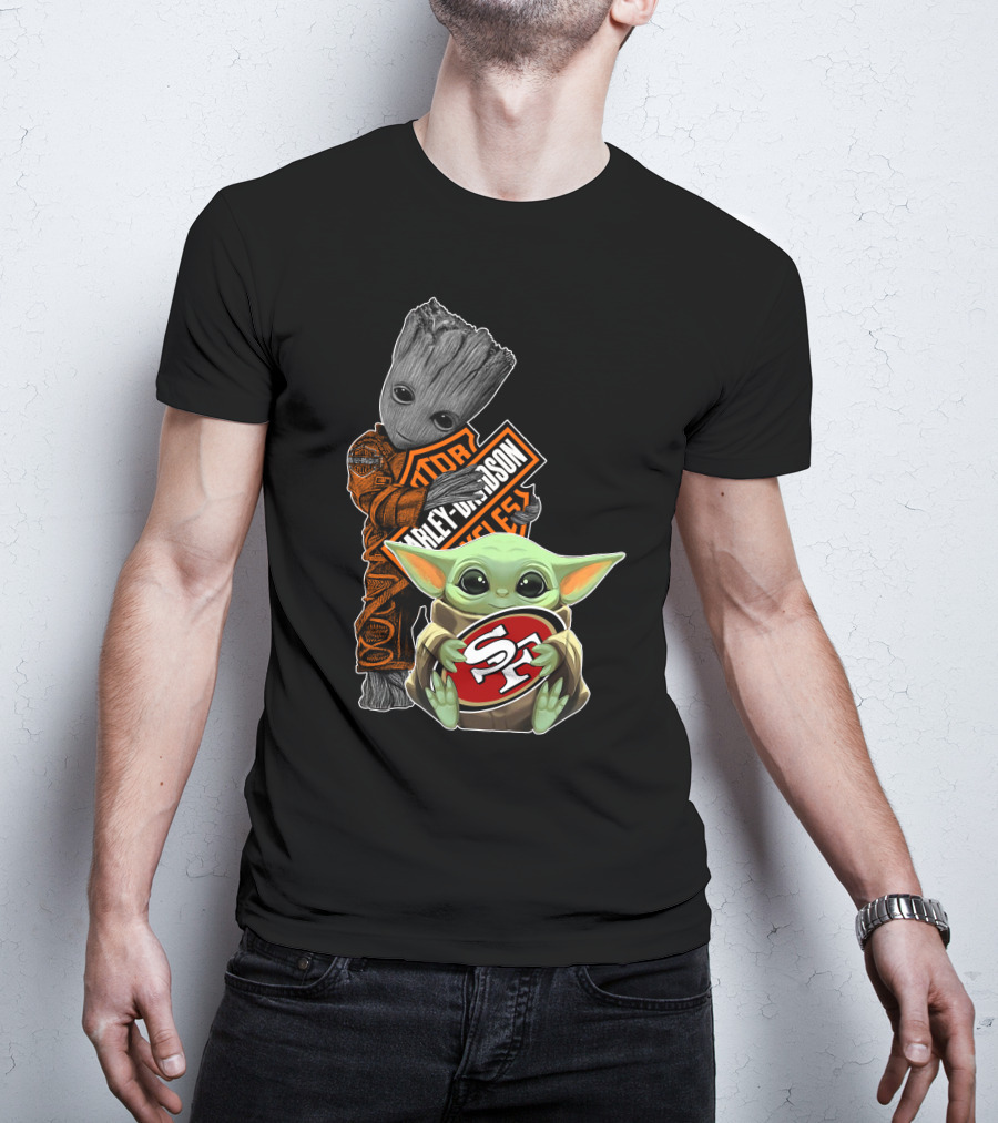 49ers S-F Logo Harley Davidson Orange Black Star Wars Groot Baby Yoda T-Shirt
