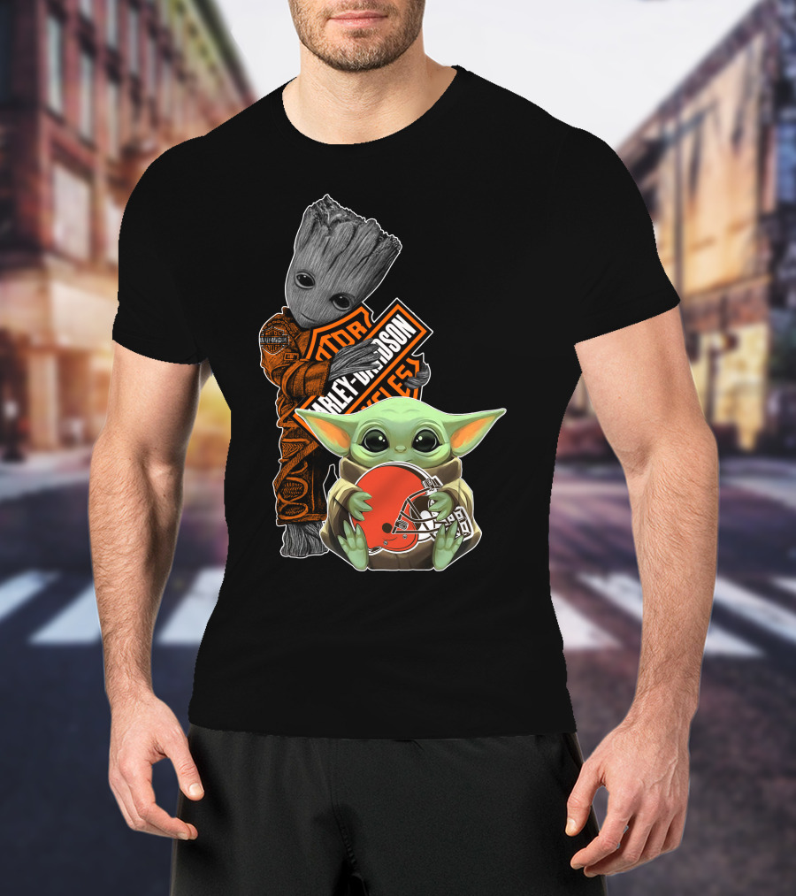 Groot Harley Davidson Baby Yoda Cleveland Browns T-Shirt