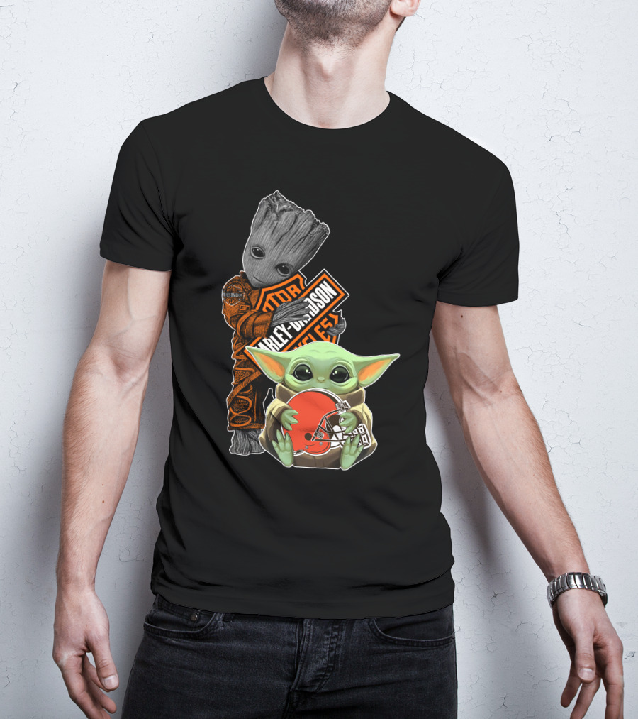 Groot Harley Davidson Baby Yoda Cleveland Browns T-Shirt