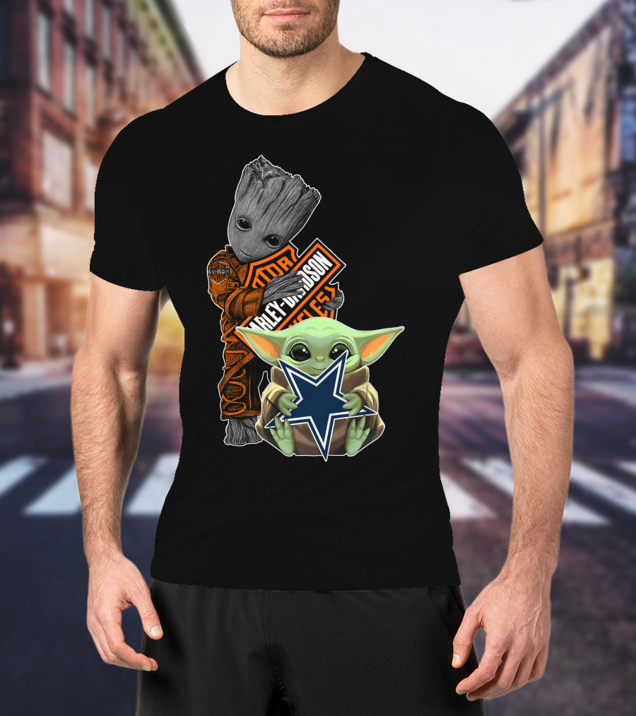 Groot Harley Davidson Star Holding Mandalorian Baby Yoda Cowboys T-Shirt