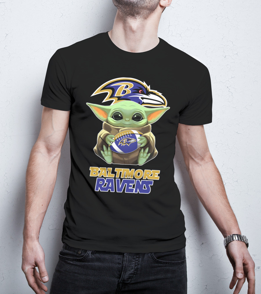 Baltimore Ravens Baby Yoda Holding Football T-Shirt