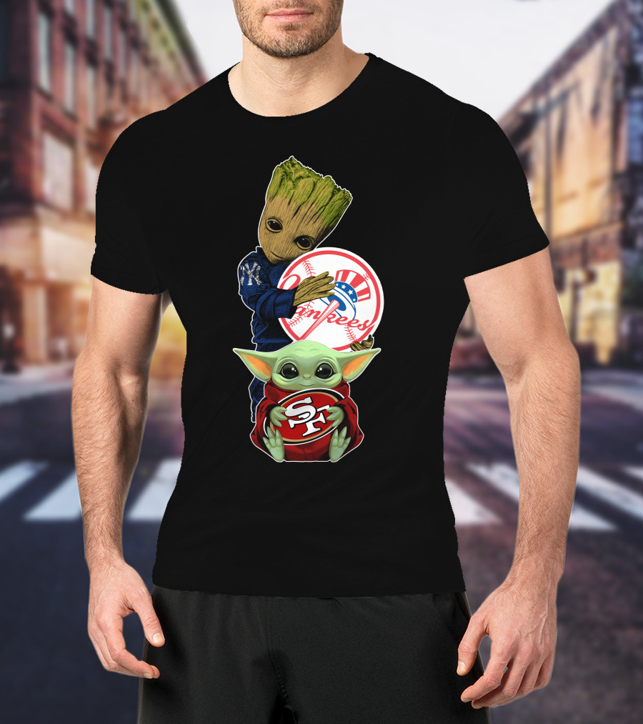 Groot Yankees Logo And Baby Yoda 49ers Sf Team Crossover T-Shirt