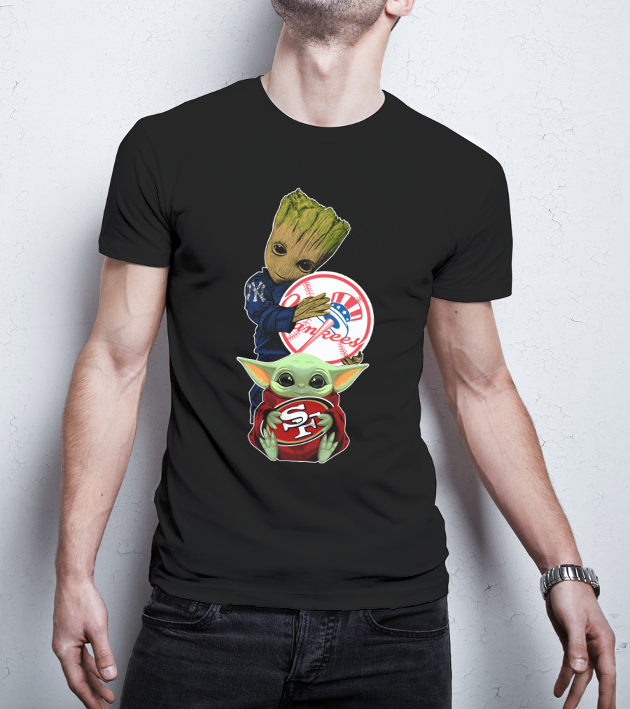 Groot Yankees Logo And Baby Yoda 49ers Sf Team Crossover T-Shirt