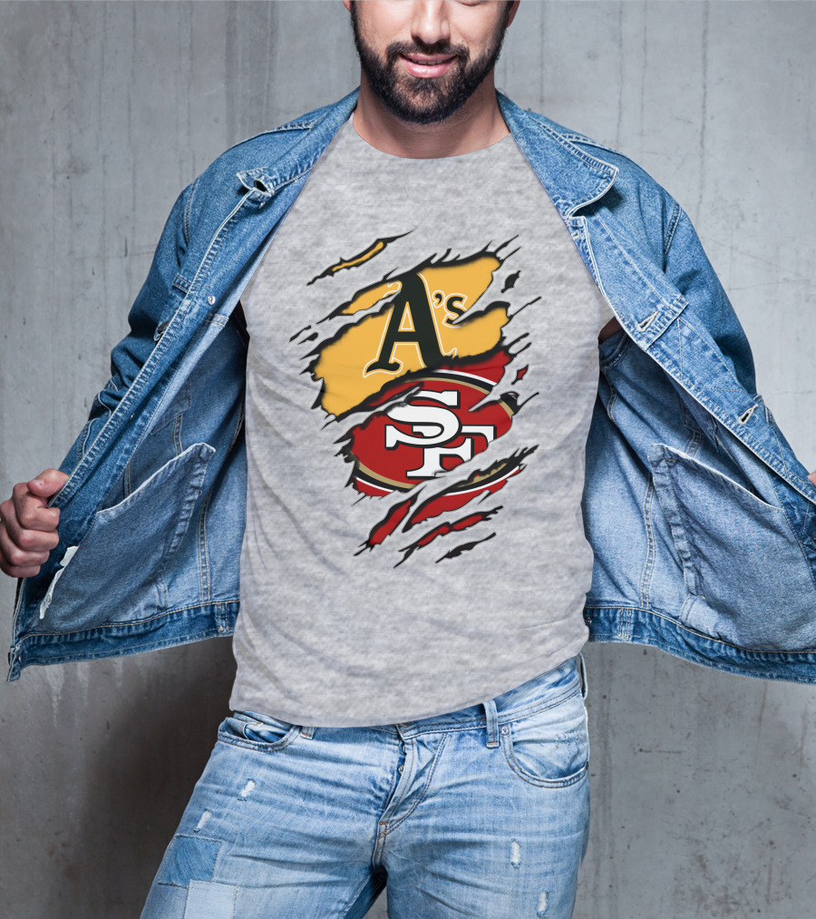 Oakland A's And San Francisco 49ers Torn Layered Logo Fusion T-Shirt