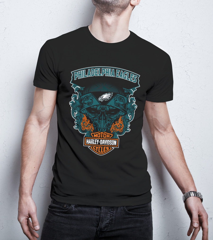 Philadelphia Eagles Harley Davidson Motorcycles Skull T-Shirt
