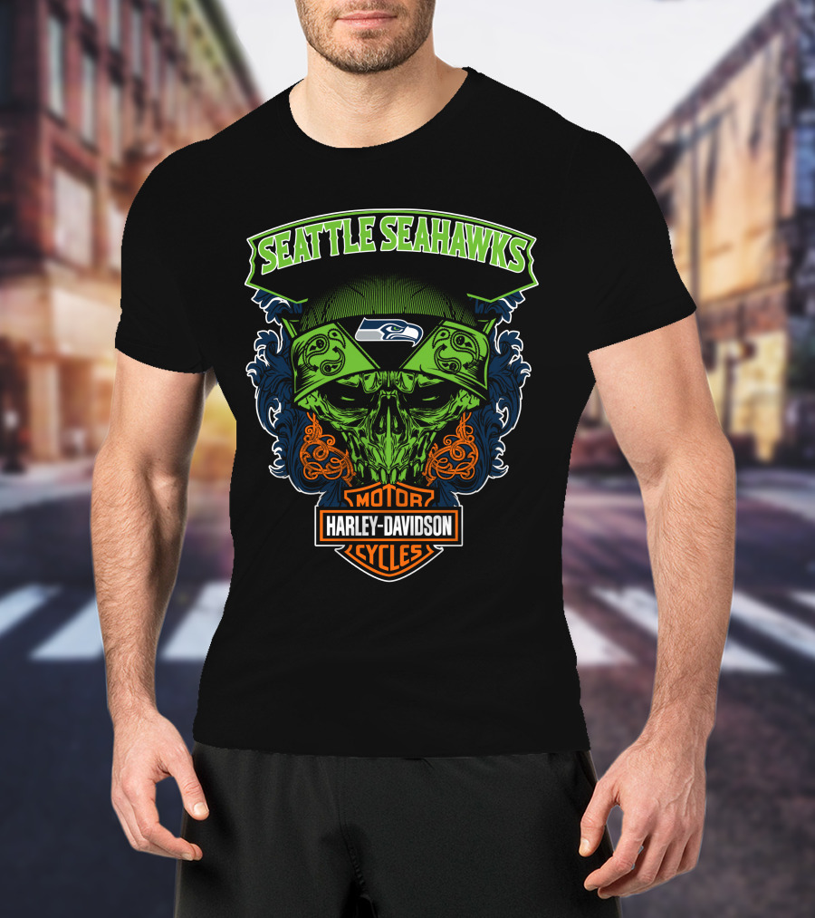 Seattle Seahawks Harley Davidson Skull Motor Cycles T-Shirt