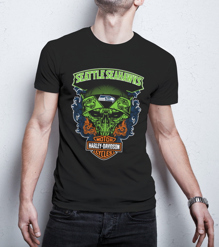Seattle Seahawks Harley Davidson Skull Motor Cycles T-Shirt
