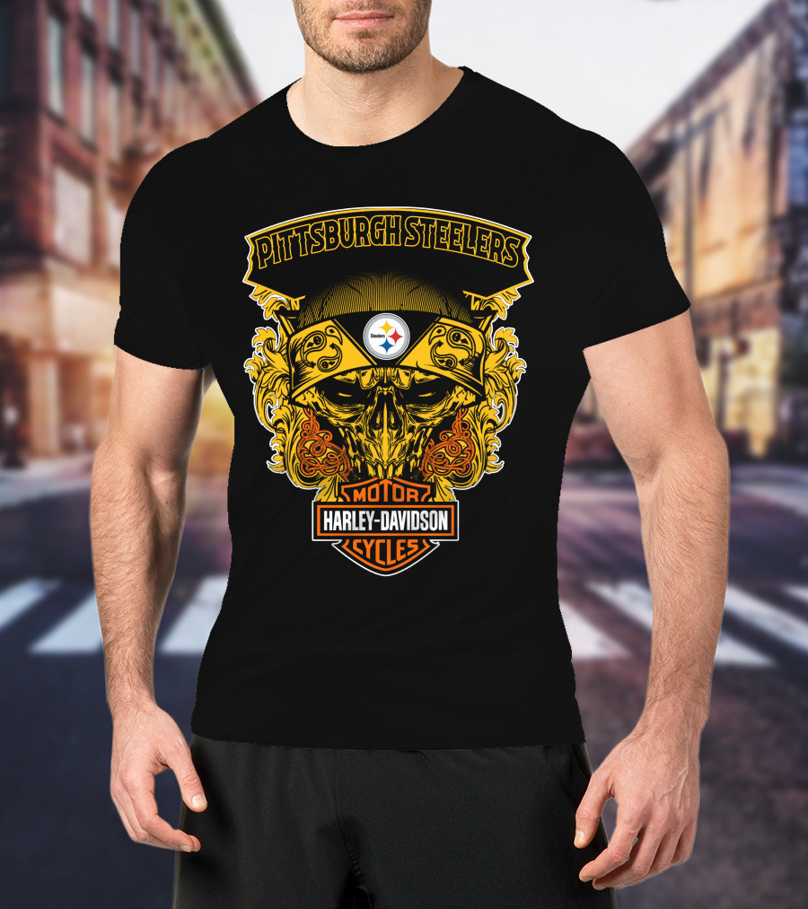 Pittsburgh Steelers Harley Davidson Motorcycles Skull T-Shirt
