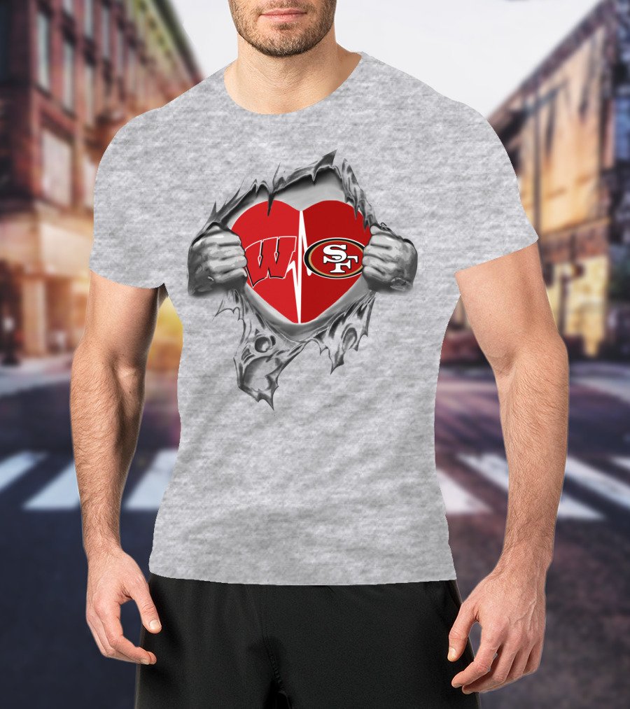 San Francisco 49ers Wisconsin Badgers Heart Logo Fusion T-Shirt