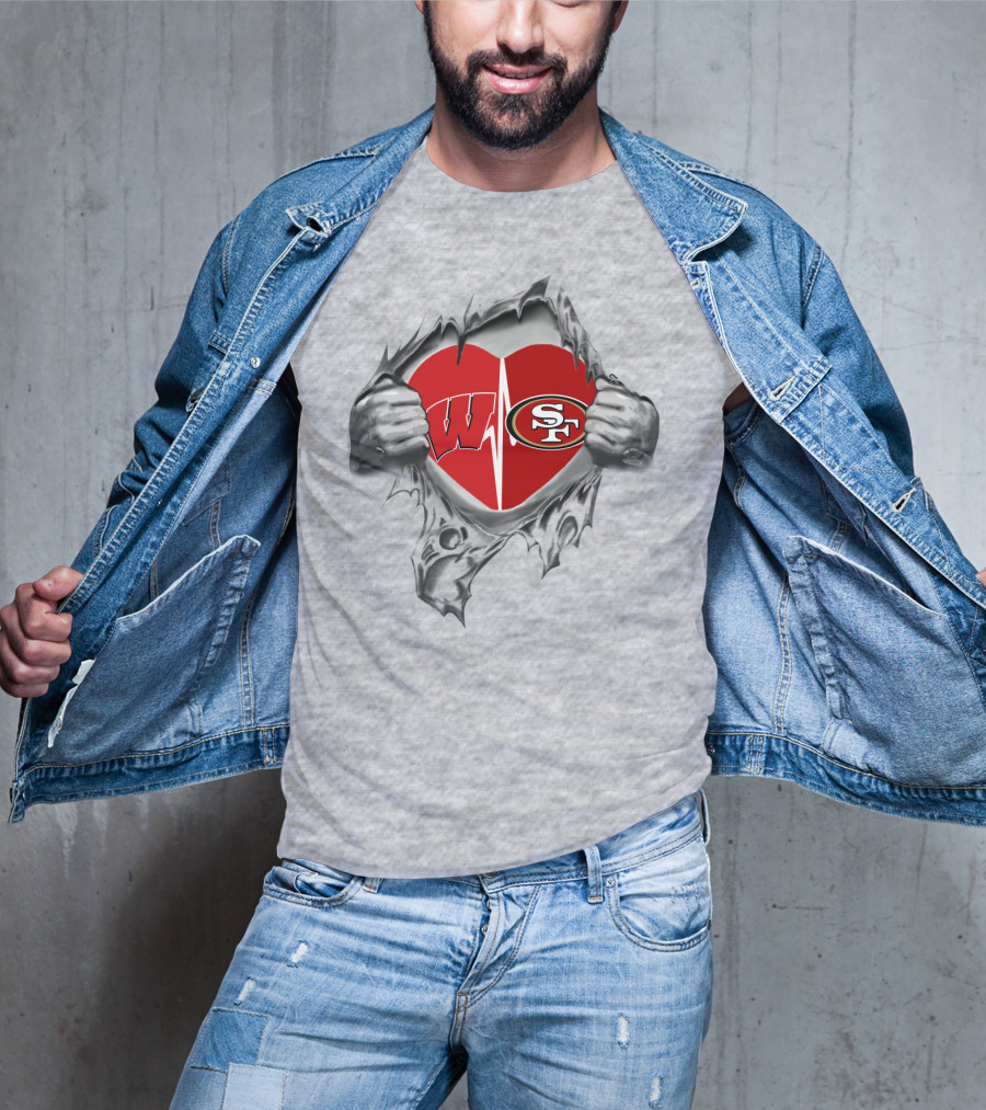 San Francisco 49ers Wisconsin Badgers Heart Logo Fusion T-Shirt