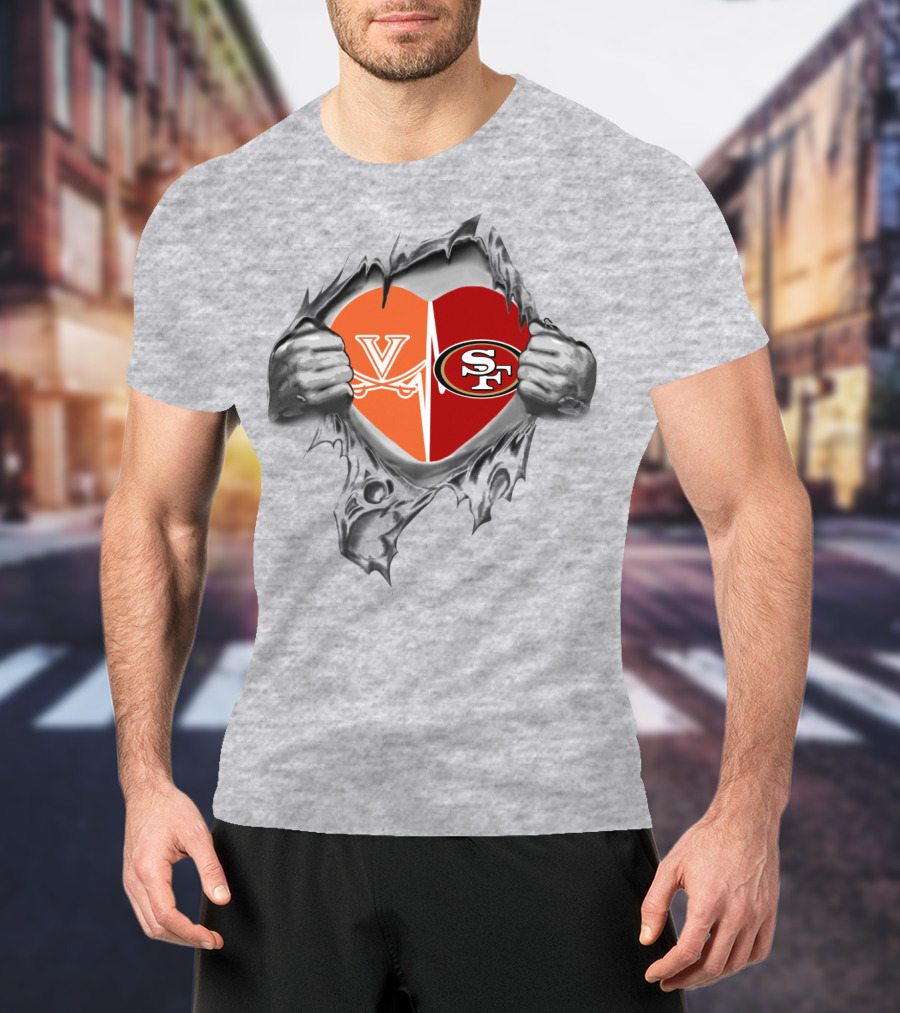 49Ers Cavaliers Heart With San Francisco And Virginia Logos Peeking Through Ripped Fabric T-Shirt