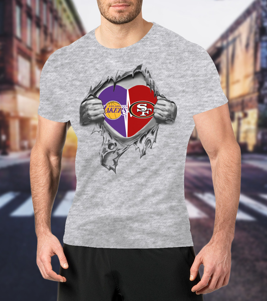 Los Angeles Lakers San Francisco 49ers Heart Logo Rip T-Shirt