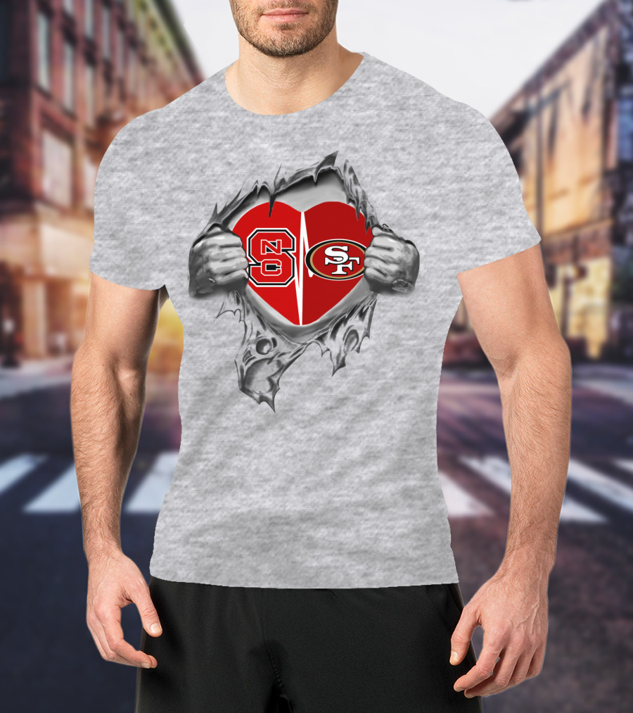 49Ers NC State Heart Symbol With Torn Fabric T-Shirt