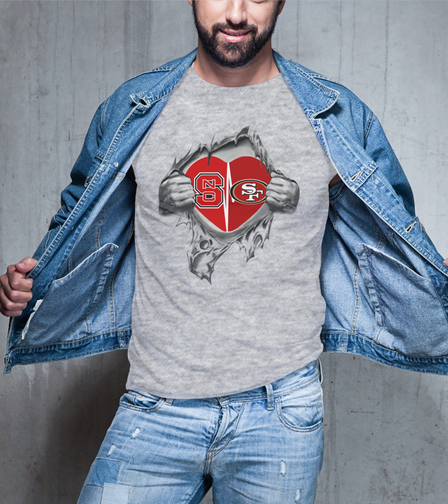 49Ers NC State Heart Symbol With Torn Fabric T-Shirt