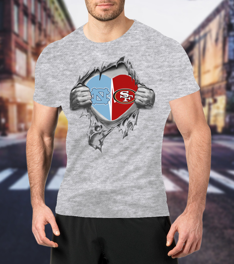 49Ers Tar Heels San Francisco UNC Heart Torn Fabric T-Shirt
