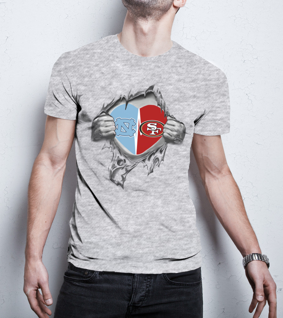 49Ers Tar Heels San Francisco UNC Heart Torn Fabric T-Shirt