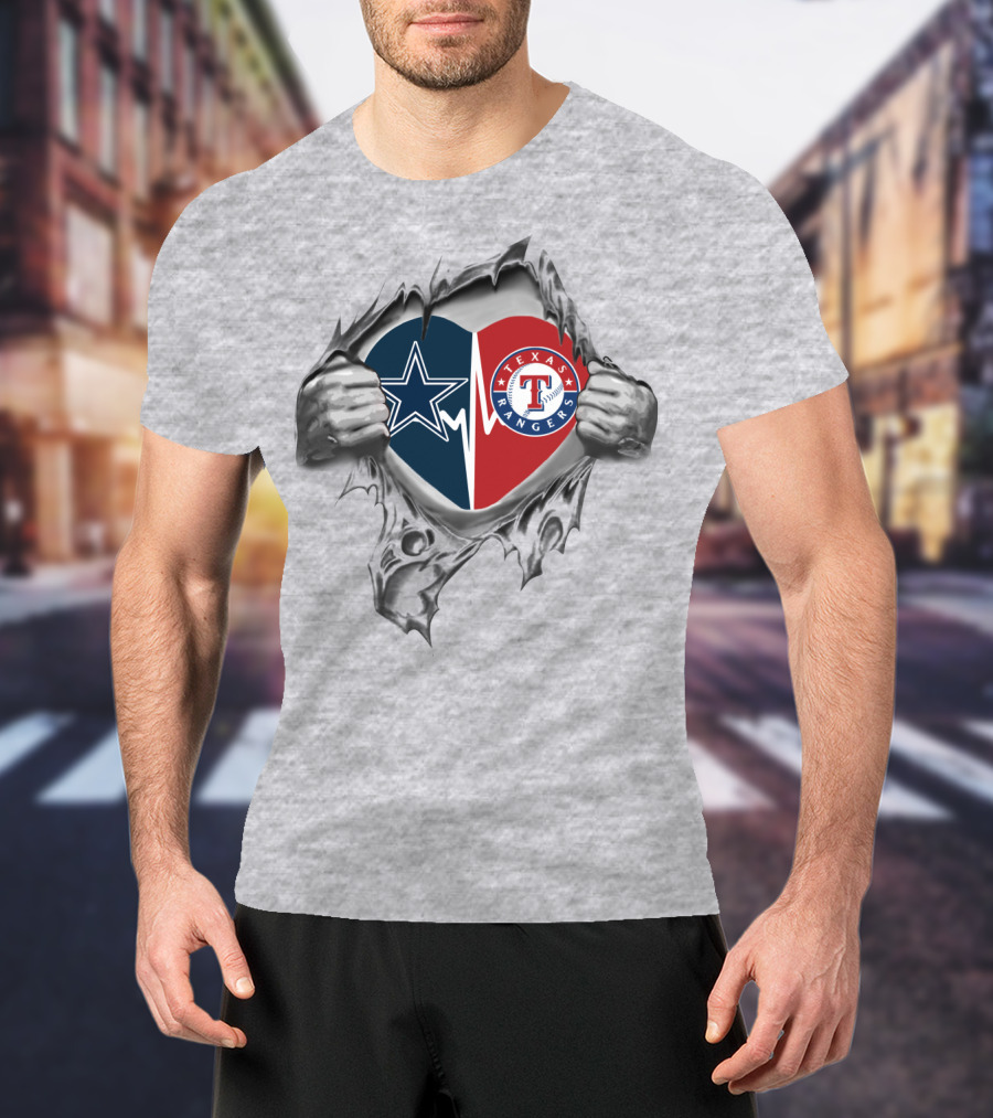 Texas Cowboys Rangers Heart Symbol Dual Allegiance T-Shirt