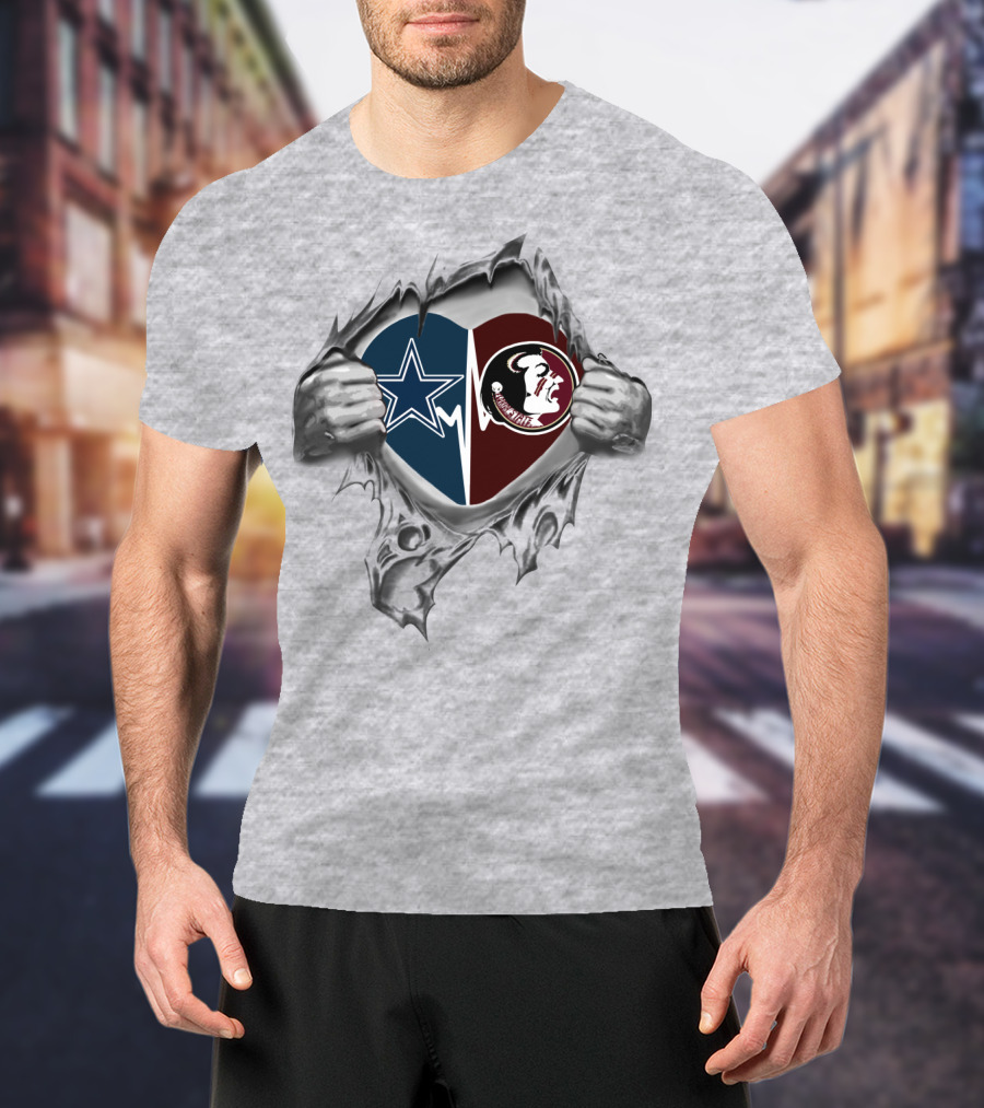 Cowboys Seminoles Heart Symbol With Team Logos Inside Ripped Hands T-Shirt