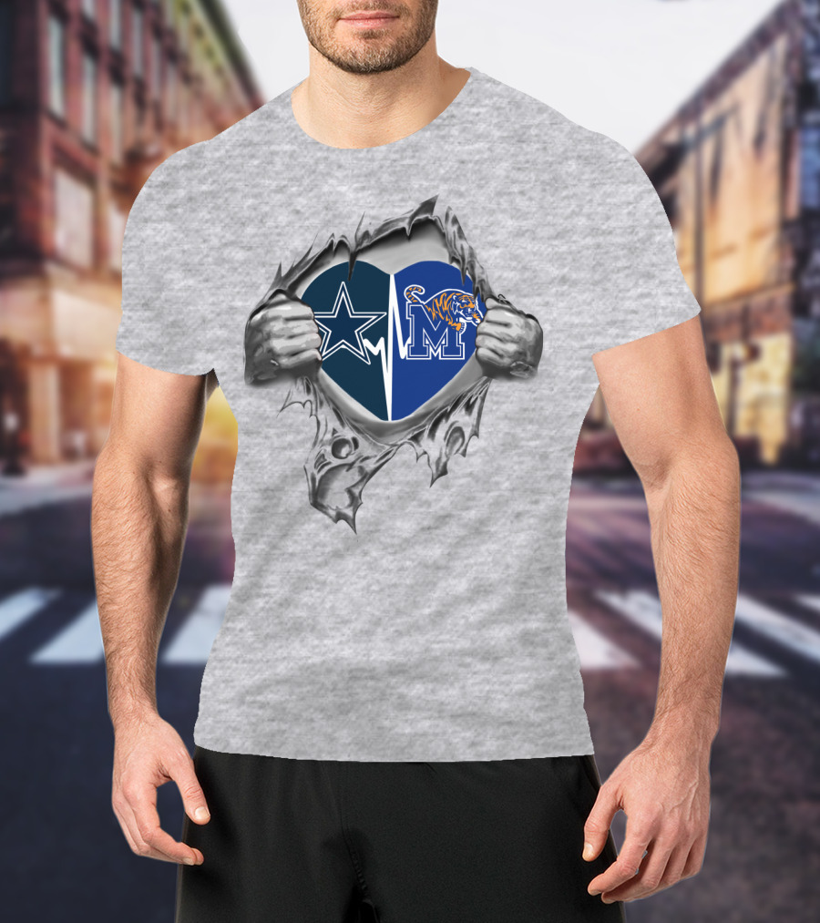 Cowboys Heart Memphis Tigers Logo Fusion T-Shirt