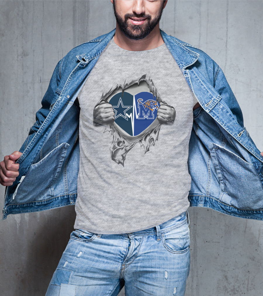 Cowboys Heart Memphis Tigers Logo Fusion T-Shirt